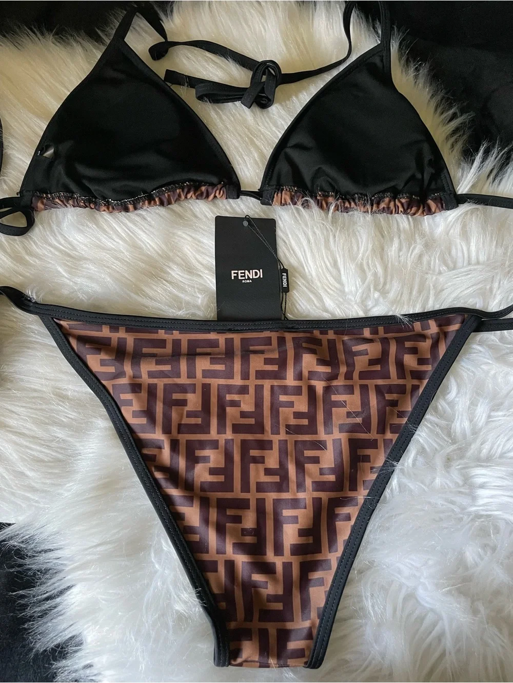 Fendi Brown FF Logo Triangle Bikini with Black Trim